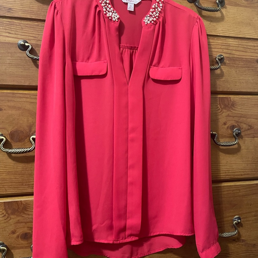 Candie's Vibrant Red Blouse with Pearl Embellished Collar